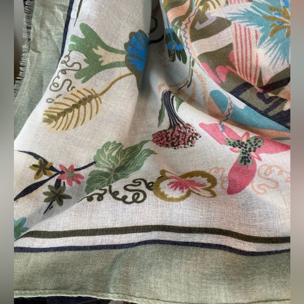 Joy Susan Multi-Color Floral Scarf with Sage Green Border. Lightweight 74” X 31” - Picture 4 of 8